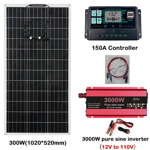 RadiantGrid Pro 300W Solar Kit with 3000W Pure Sine Wave Inverter - Complete 12V/110V/220V Power System